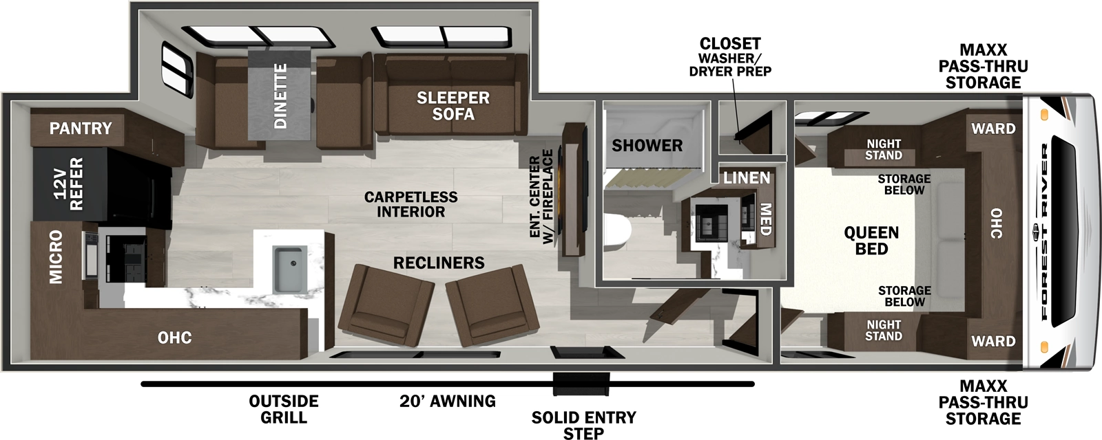The Wildcat Travel Trailers 271CHEF floorplan has one entry and one slide out. Exterior features include: fiberglass exterior and 20' awning. Interiors features include: rear kitchen and front bedroom.